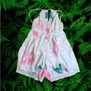 L'Atiste by Amy White Pink Floral Summer Backless Large Bow Romper Size Small